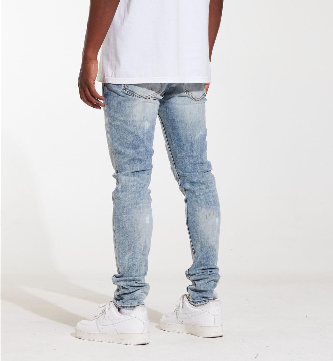 Crysp Denim Atlantic Light Paint Denim Jeans, back view, distressed details and paint splatter