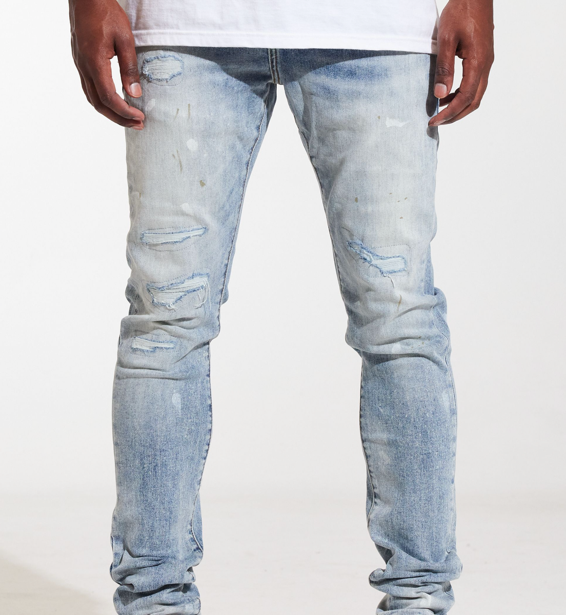 Light wash denim jeans with distressed detailing from Crysp Denim Atlantic collection