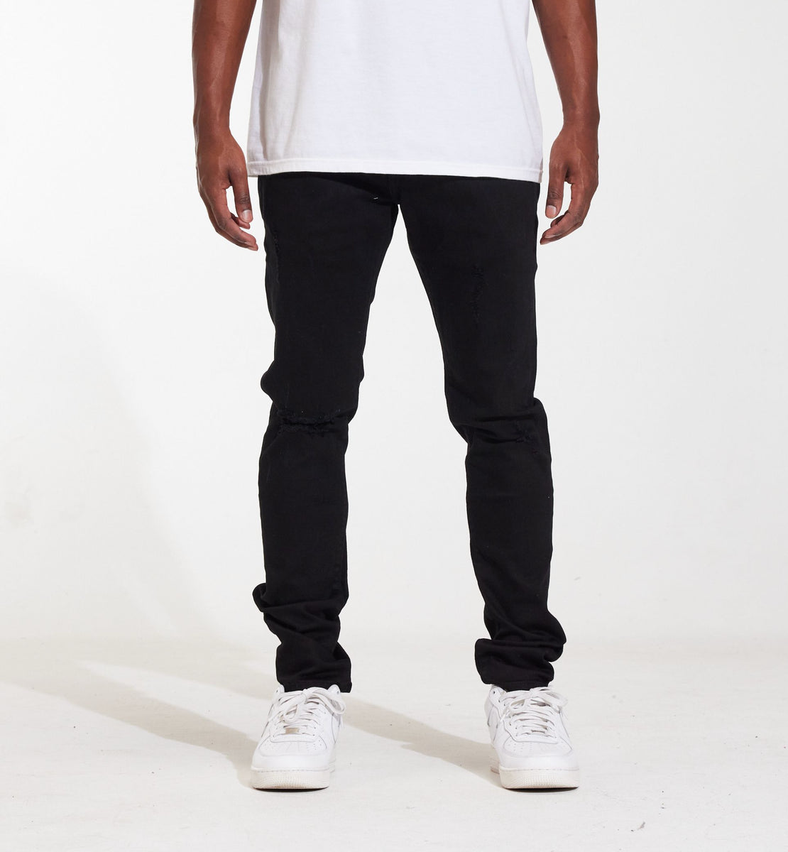 Crysp Denim Atlantic Black Ripped Denim Jeans, front view with distressed detailing and classic five-pocket design