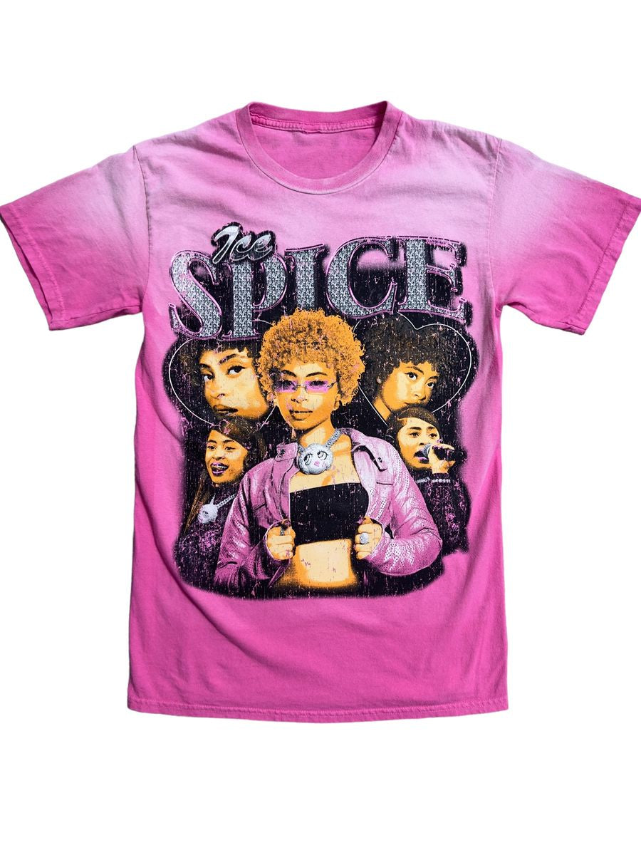 Stylish pink SupplyXDemandCO Ice Spice Tee featuring unique graphic design