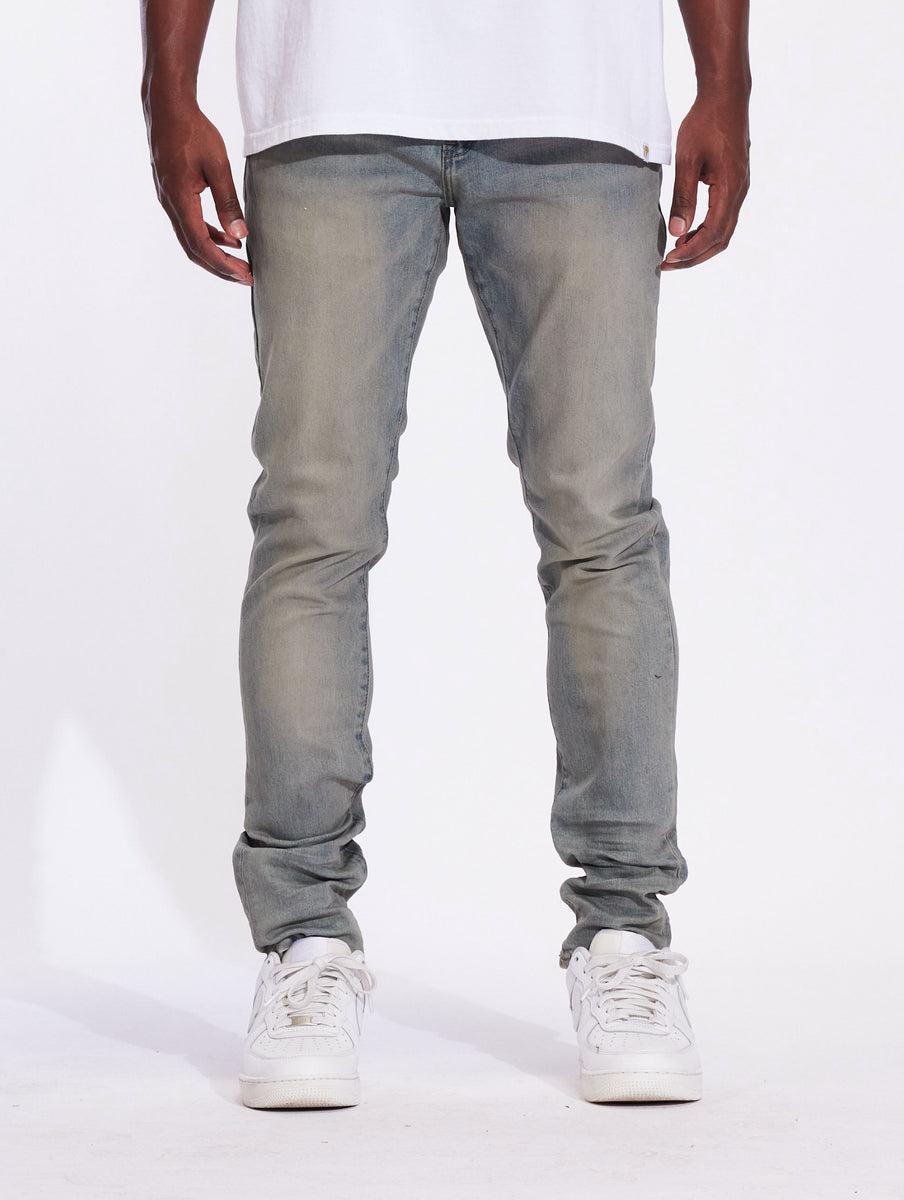 Crysp Denim Atlantic Pacific Wash Denim Jeans front view with distressed details