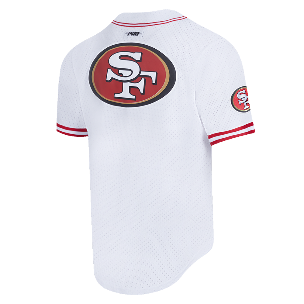 Detail of the collar and sleeve design on Pro Standard San Francisco 49ers Classic Mesh Button Up Jersey