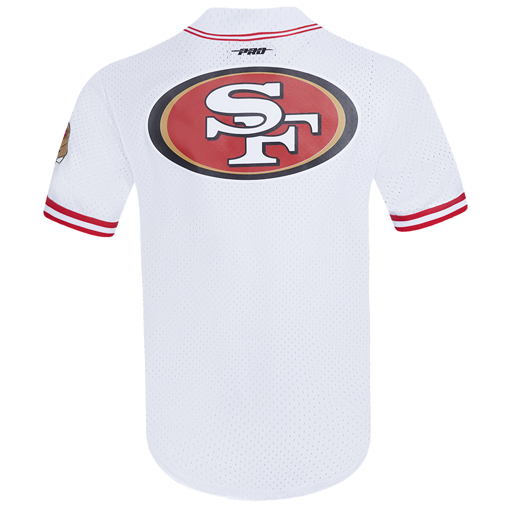 Back view of Pro Standard San Francisco 49ers Classic Mesh Button Up Jersey in White/Red with team name and number