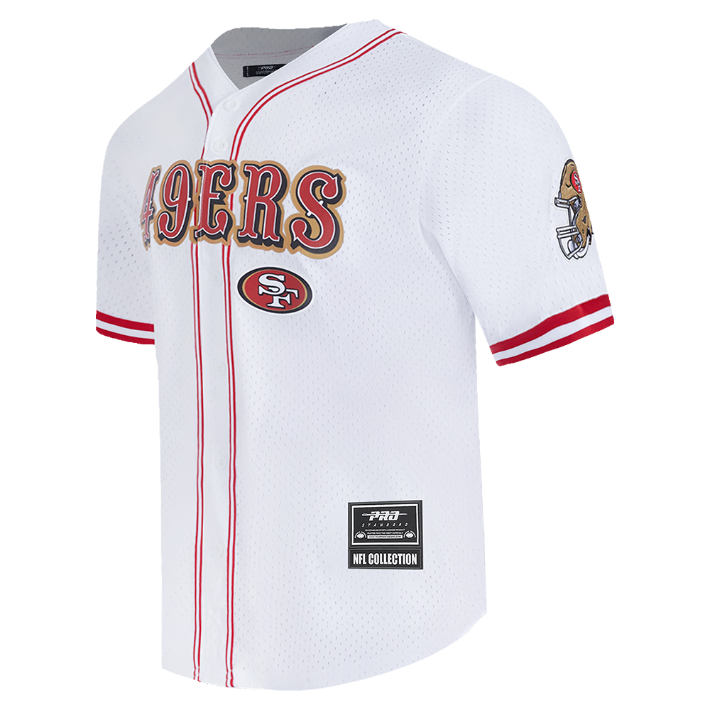 Close-up of white and red Pro Standard San Francisco 49ers Classic Mesh Button Up Jersey with intricate mesh pattern