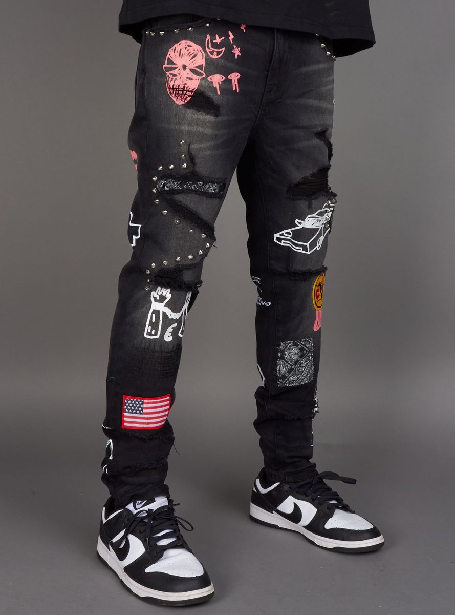 Back view of Politics Jeans Keeper Patchwork Skinny Black Denim (KEEPER361) highlighting the pocket details and stitching