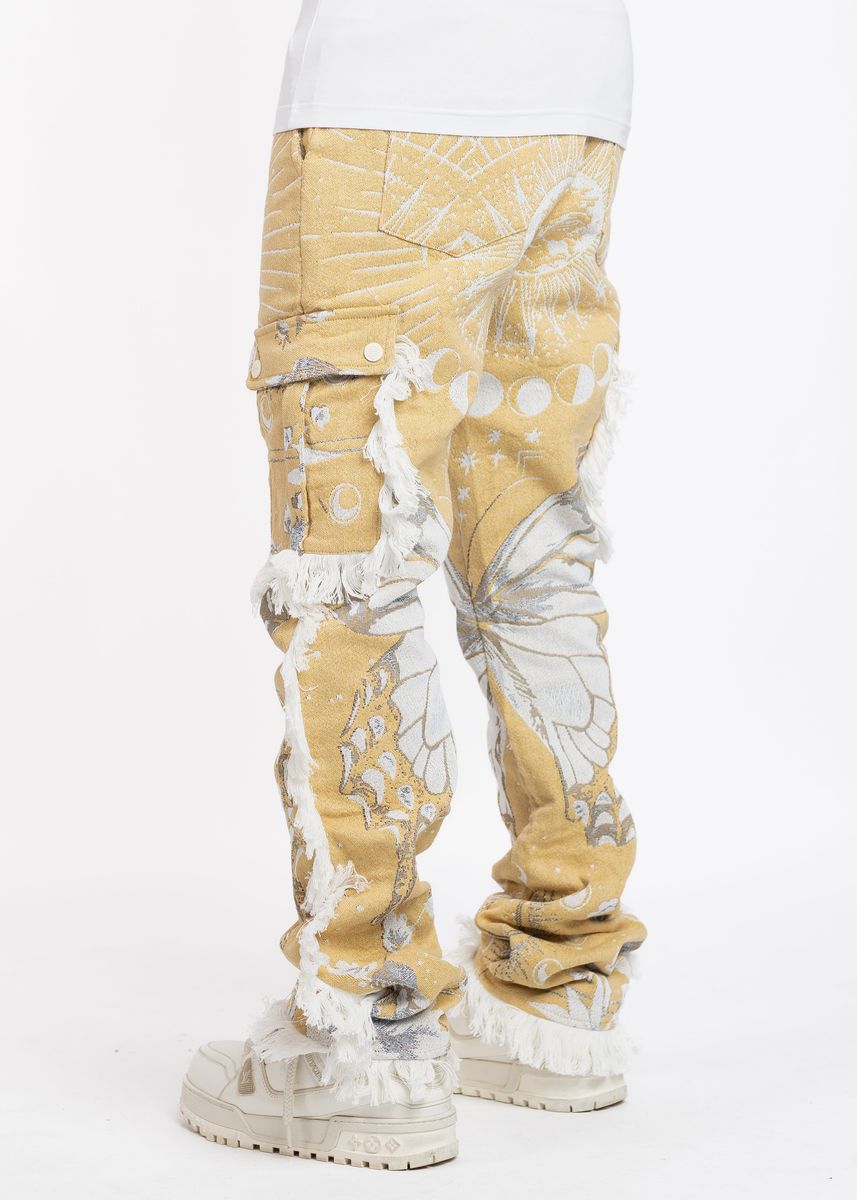 Guapi Sand Brown Tapestry Pants with intricate woven design and relaxed fit for stylish comfort