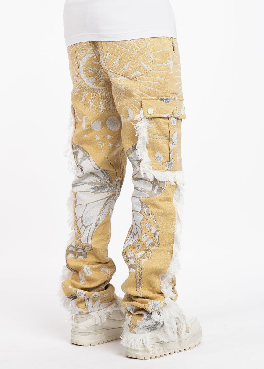 Bohemian-style Guapi Sand Brown Tapestry Pants with intricate woven patterns
