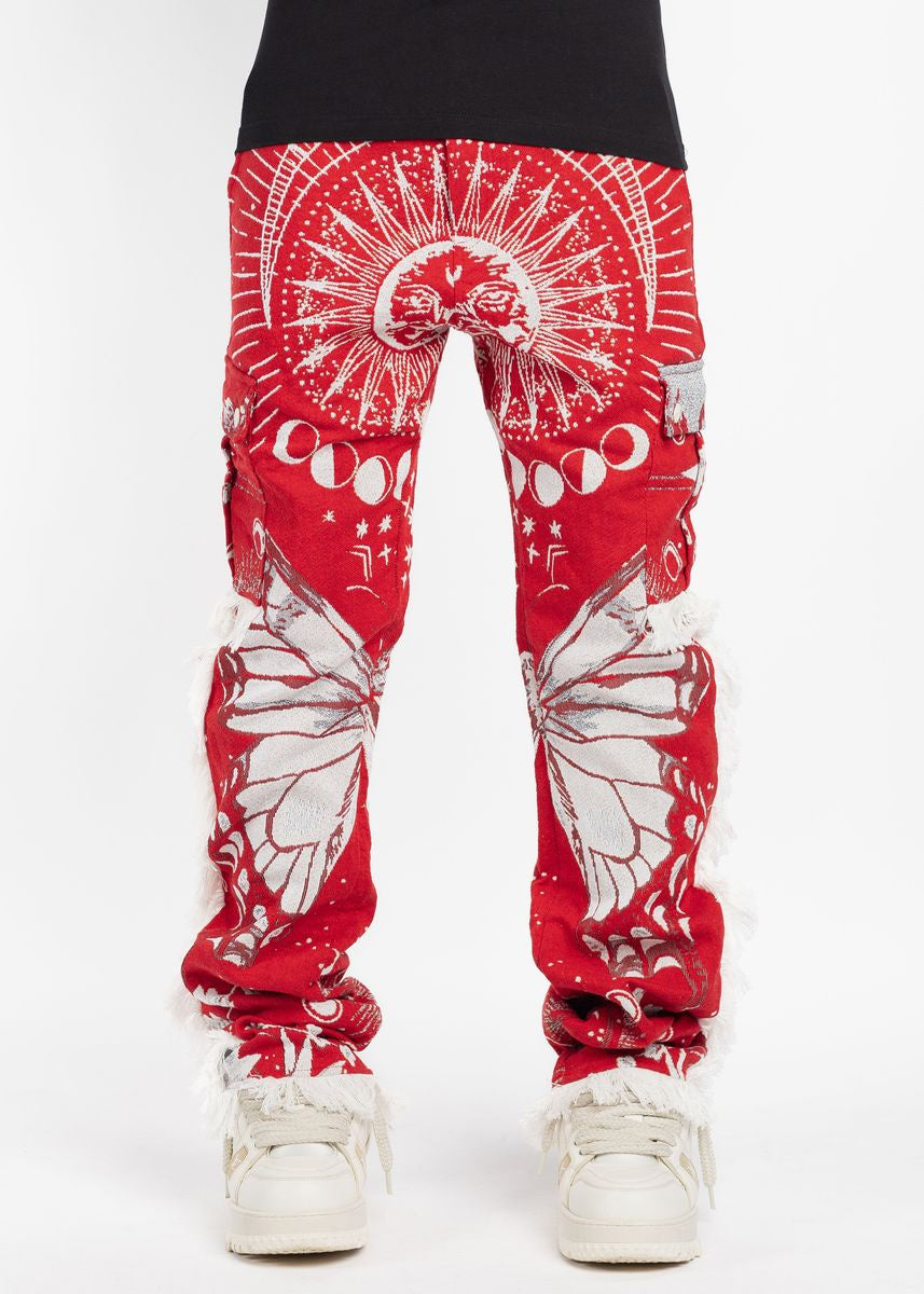 Close-up of Guapi Blood Red Tapestry Pants with intricate pattern and vibrant colors