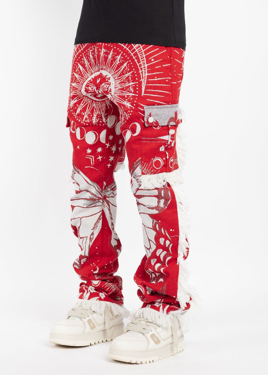 Guapi Blood Red Tapestry Pants - vibrant red pants with intricate tapestry design
