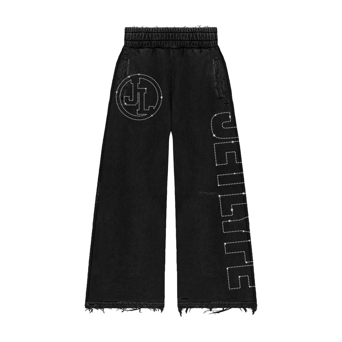 Black joggers with rhinestone embellishments, comfortable and stylish for everyday wear