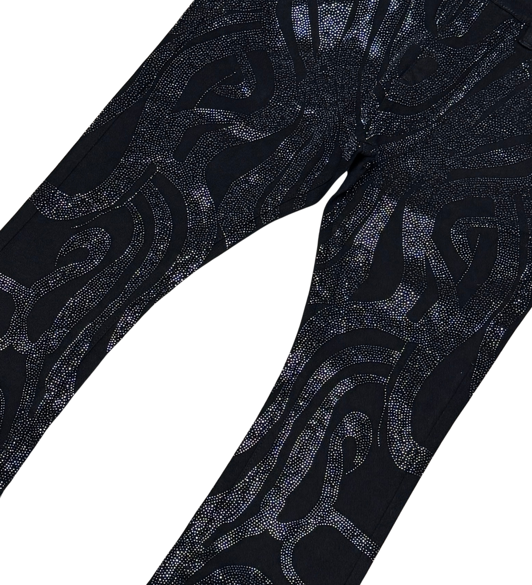 Vicious Rhinestone Black Denim Flare Jeans in classic black color