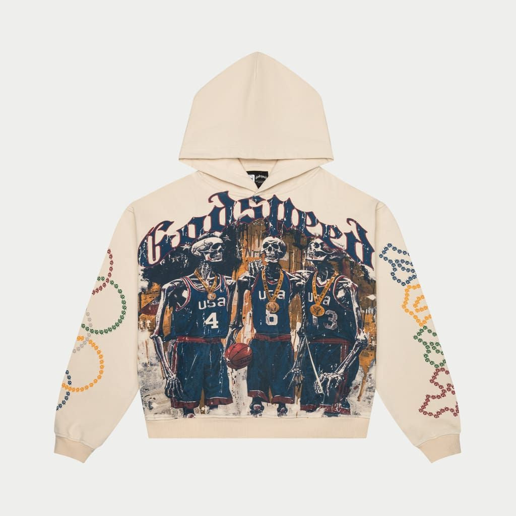 Godspeed Dream Team '24 Hoodie in Bone, crafted from 500 gsm french terry washed fabric, featuring a striking digital art piece