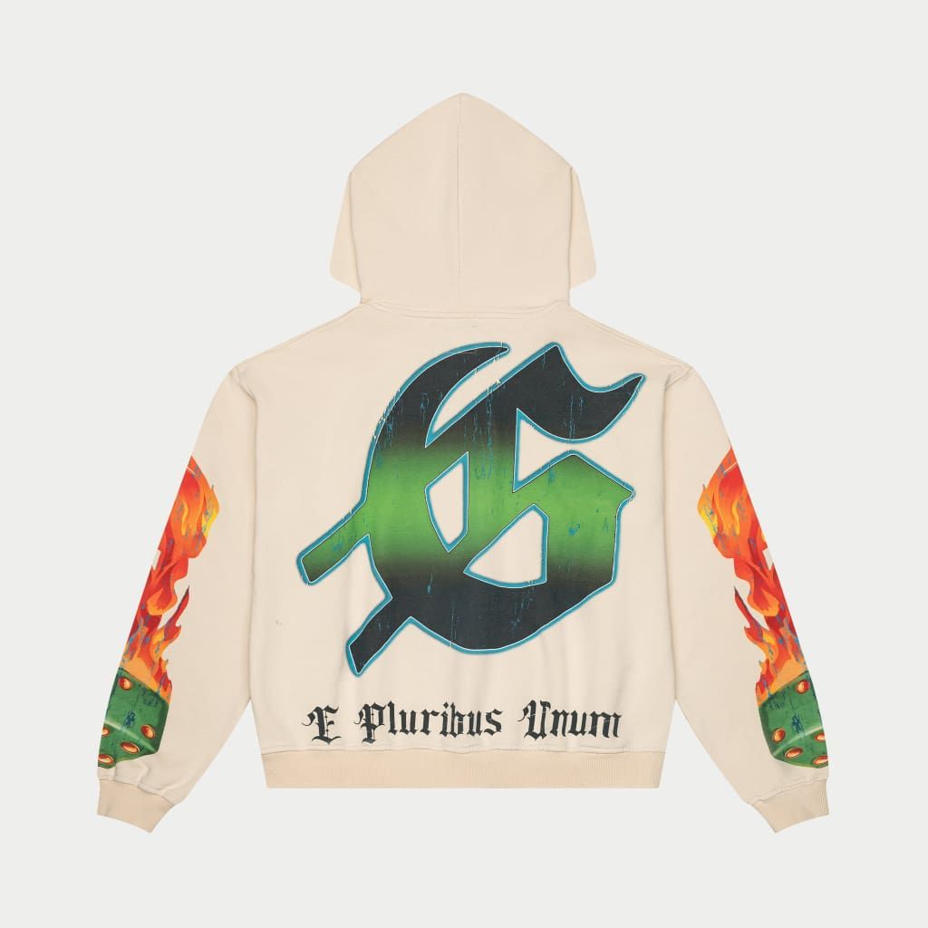 White pullover hoodie with 'Life's A Gamble' graphic print
