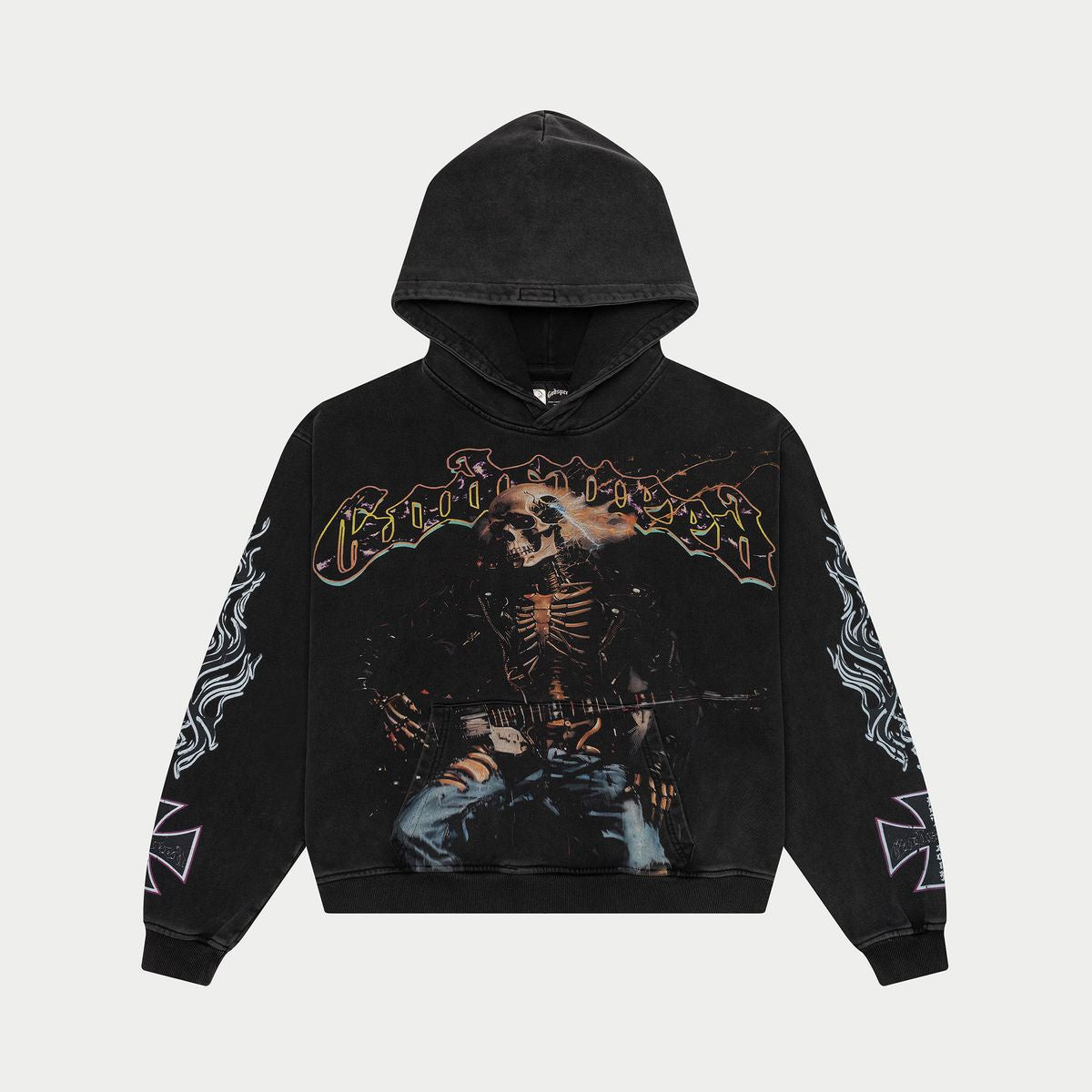 Black wash pullover hoodie featuring Godspeed Rock Dreams graphic design