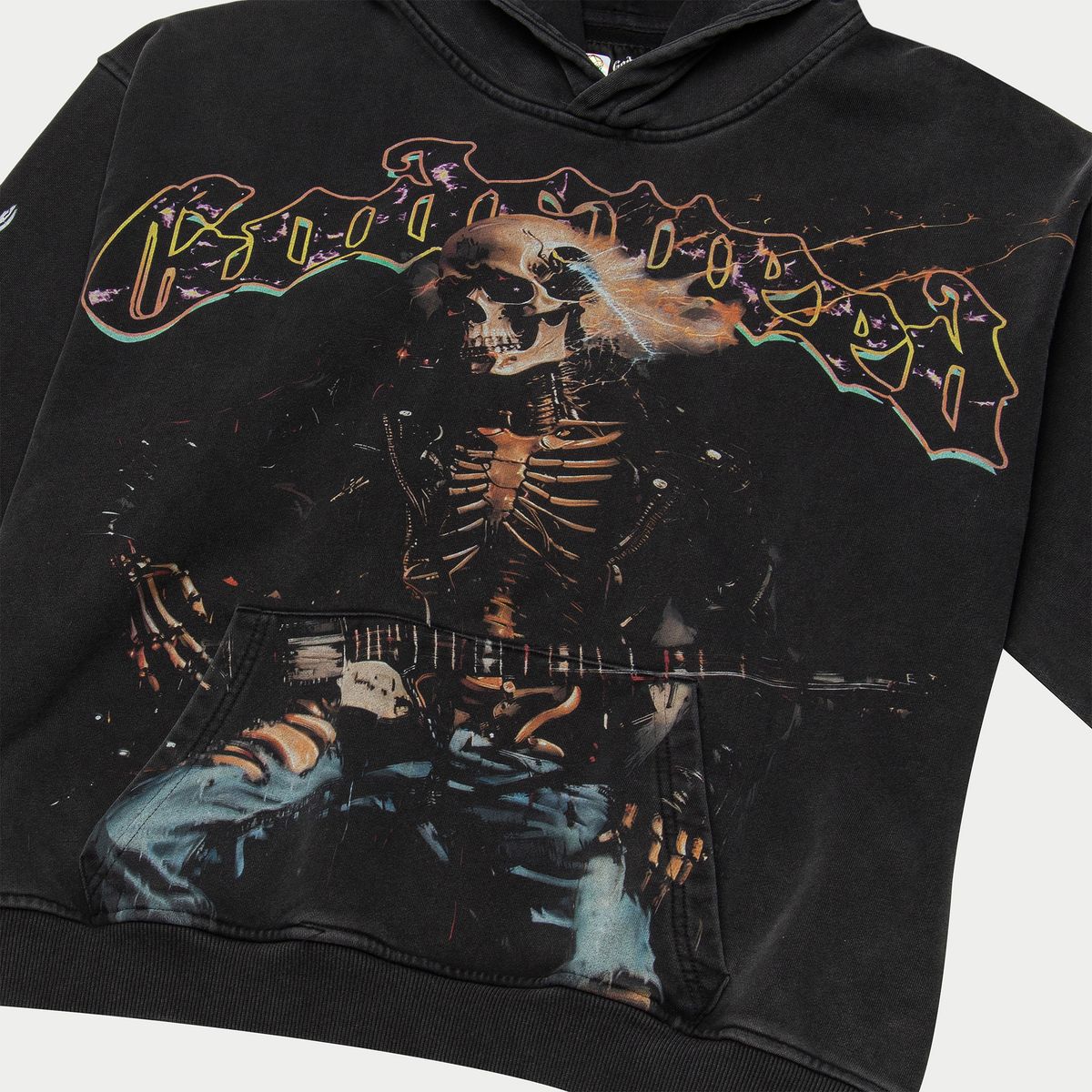 Black washed pullover hoodie with Godspeed Rock Dreams design