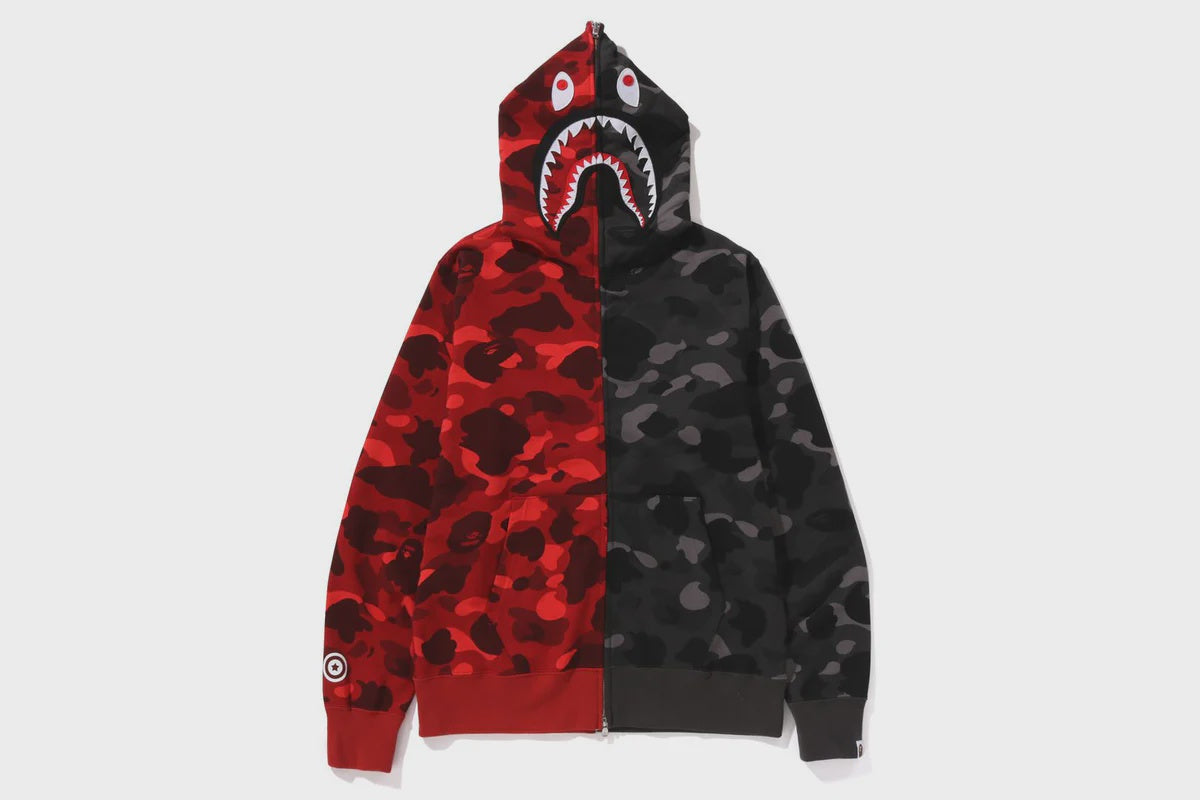 BAPE Color Camo Separate Shark Full Zip Hoodie in Red and Black, a stylish and trendy streetwear fashion choice