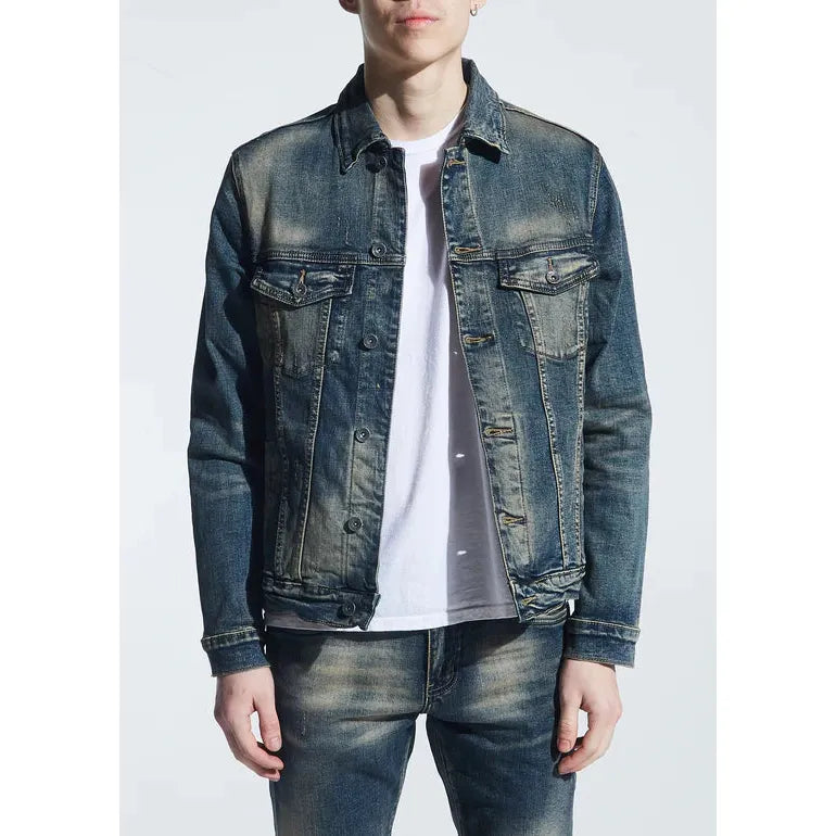 Front view of Crysp Denim Indigo Dirty Wash Bering Denim Jacket (CRYH19-207) with distressed details and button-up closure