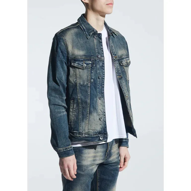 Crysp Denim Indigo Dirty Wash Bering Denim Jacket front view with distressed detailing