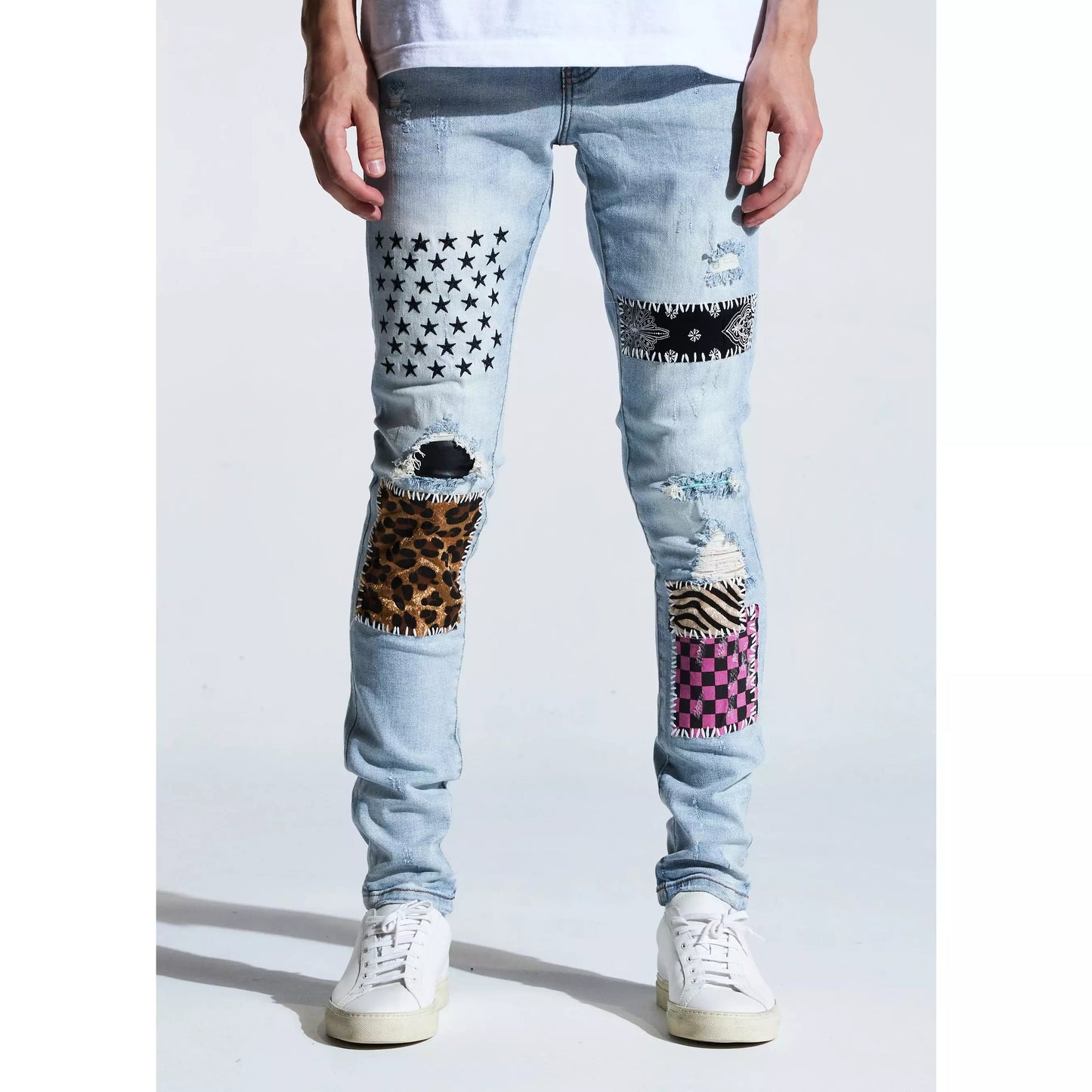 Embellish Light Blue Summit Patchwork Denim Jeans (EMBSUM20-118) - Front view of light blue denim jeans with patchwork detailing and embellished accents