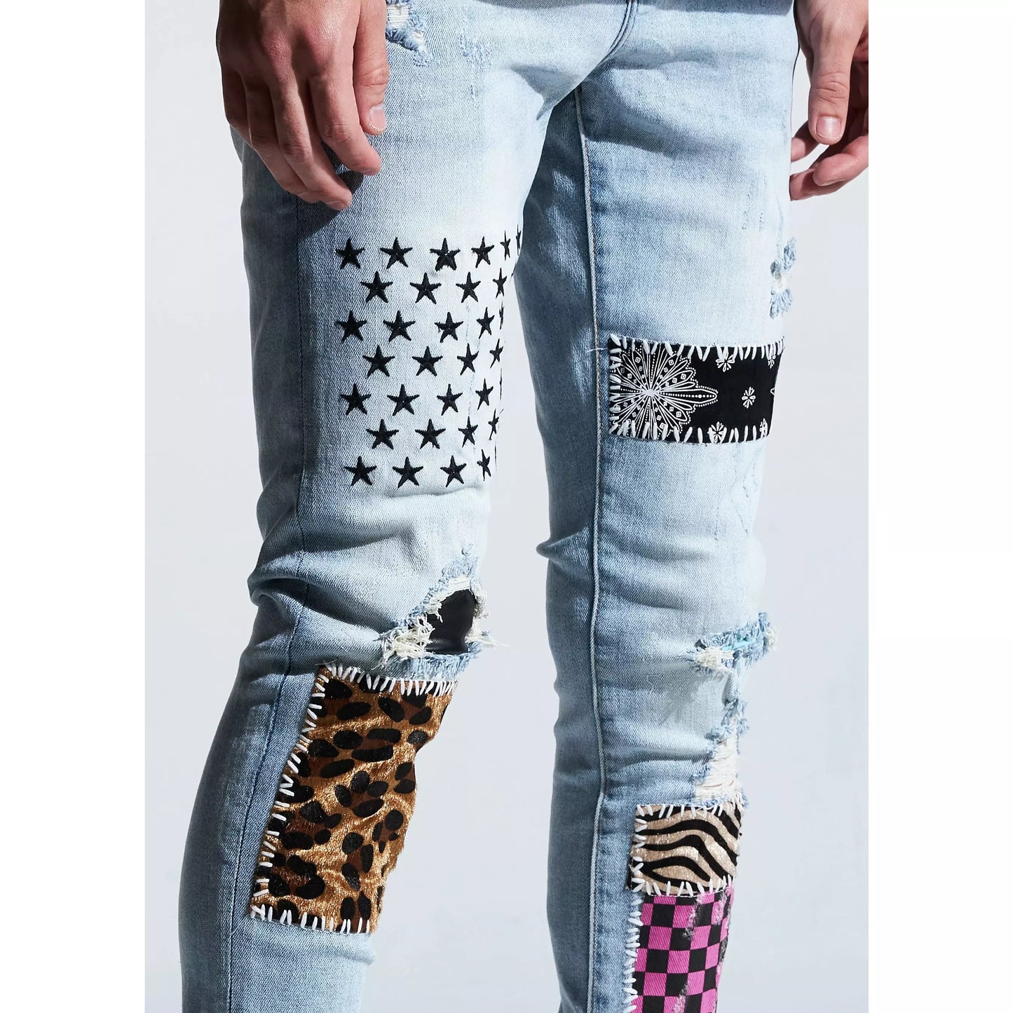 Embellish Light Blue Summit Patchwork Denim Jeans (EMBSUM20-118) showcasing a unique patchwork design and button fly closure