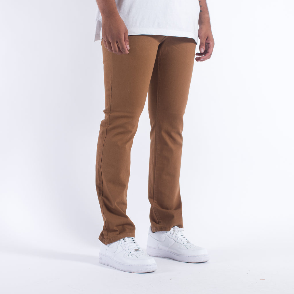 High-quality denim jeans in a rich tobacco color