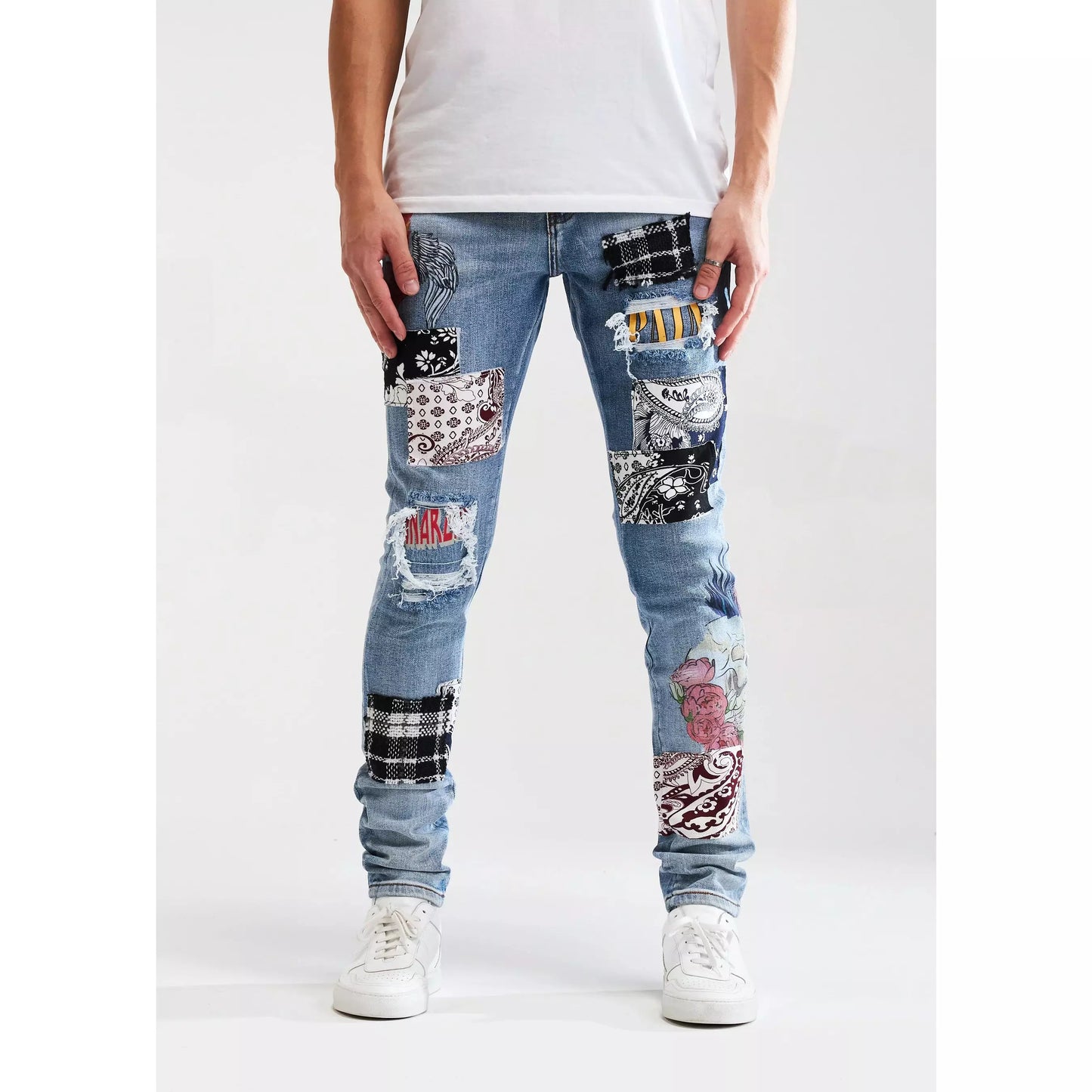 Embellish Arcadia Blue Patchwork Denim Jeans (EMBSUM121-105) showcasing stylish distressed details and unique patchwork design for a fashionable look