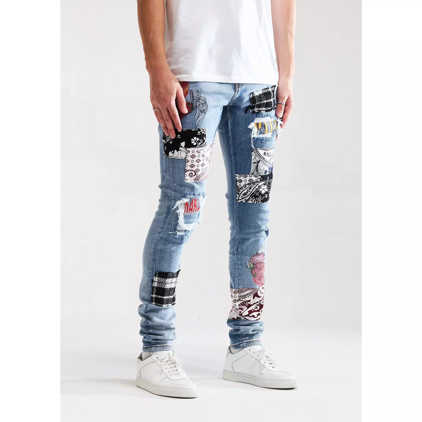 Close-up of the Embellish Arcadia Blue Patchwork Denim Jeans pockets and stitching