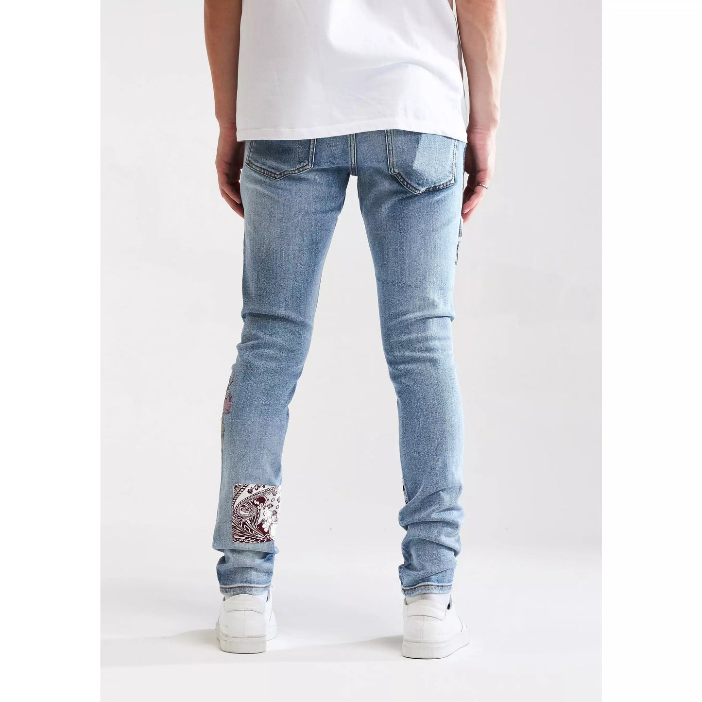Embellish Arcadia Blue Patchwork Denim Jeans back view with unique patchwork design
