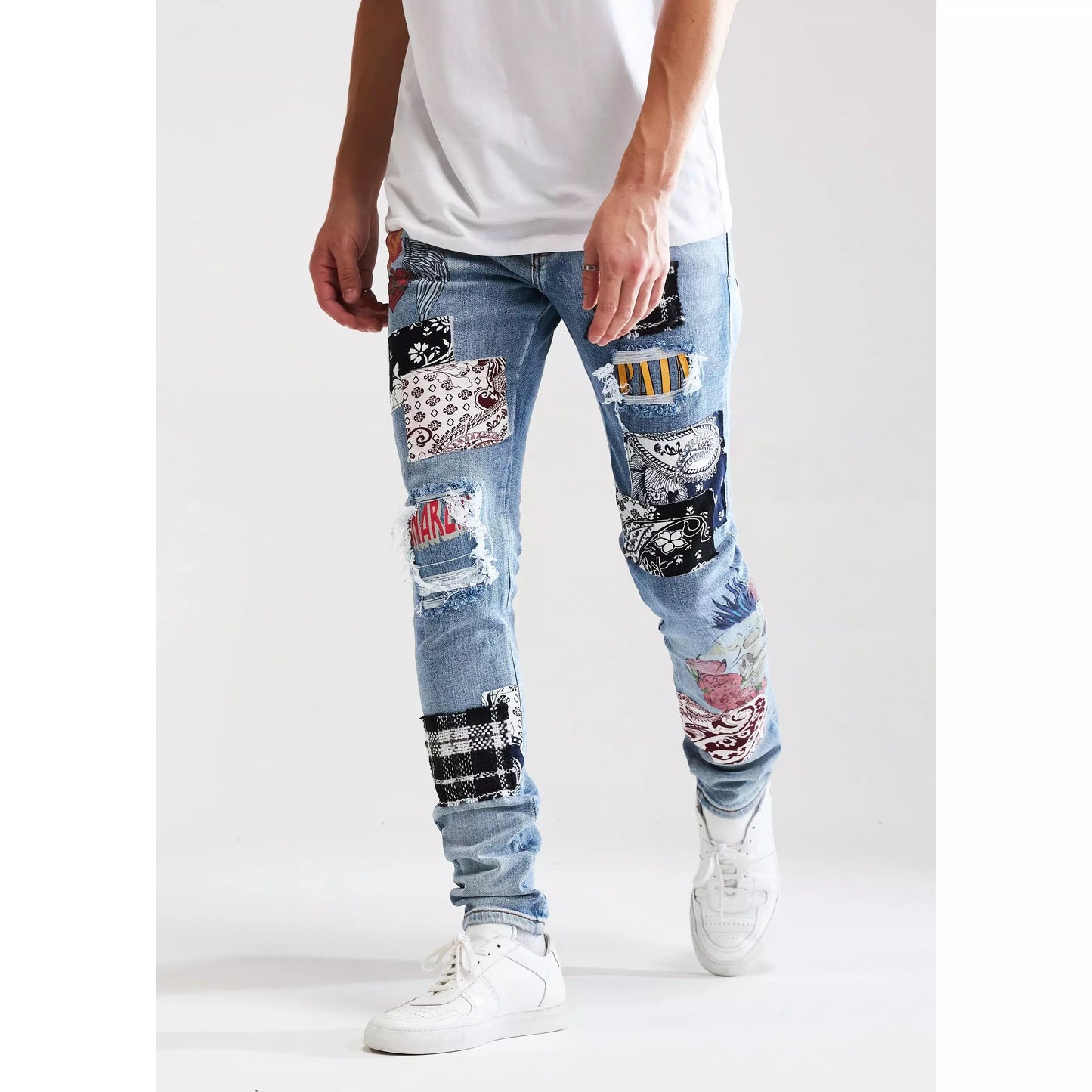 Detailed shot of the belt loops and waistband of Embellish Arcadia Blue Patchwork Denim Jeans (EMBSUM121-105)