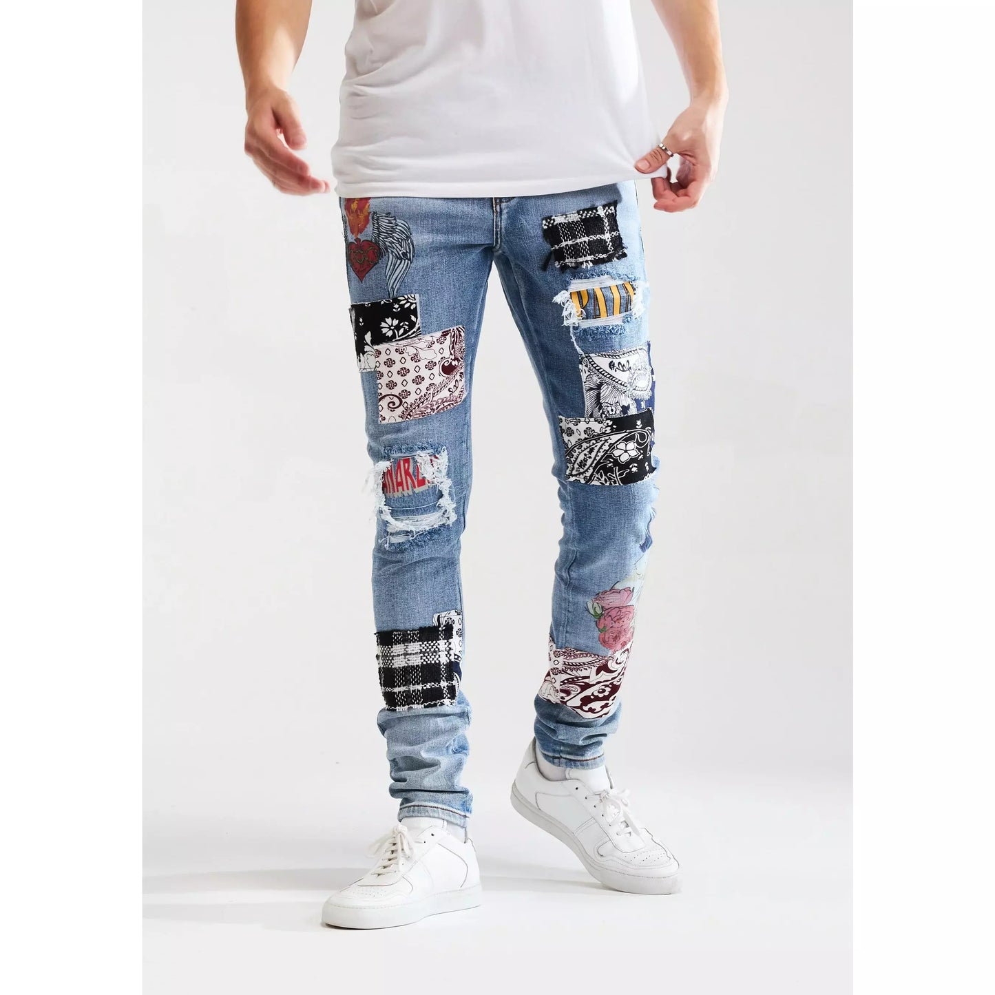 Stylish and trendy Embellish Arcadia Blue Patchwork Denim Jeans (EMBSUM121-105) being worn by a model