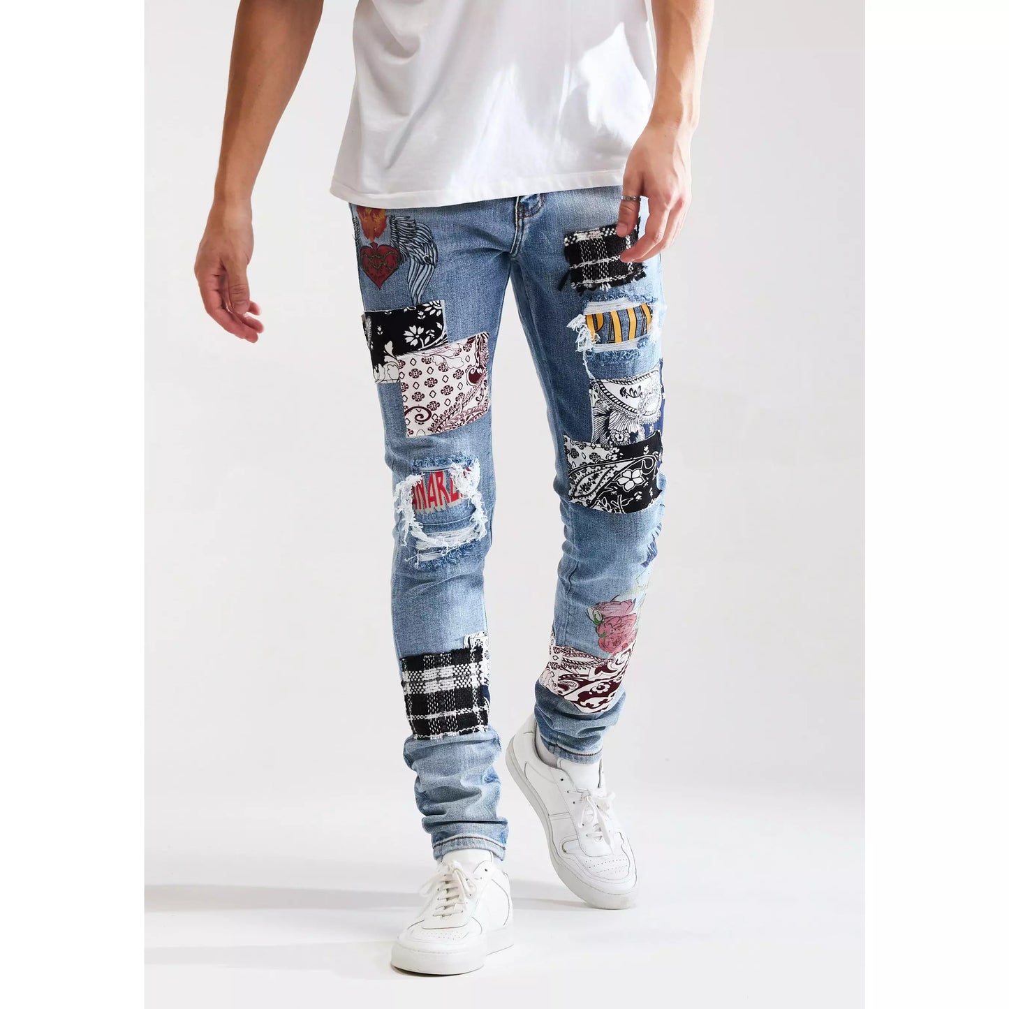 Creative and fashion-forward design of Embellish Arcadia Blue Patchwork Denim Jeans (EMBSUM121-105) on display