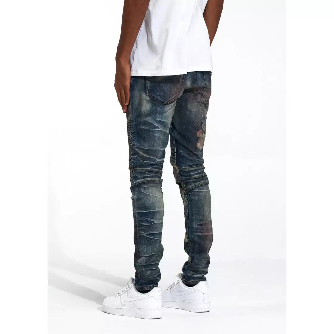 Side view of Crysp Denim INDIGO SAND Skywalker Denim jeans, highlighting the ankle-length cut and unique sand-colored denim wash