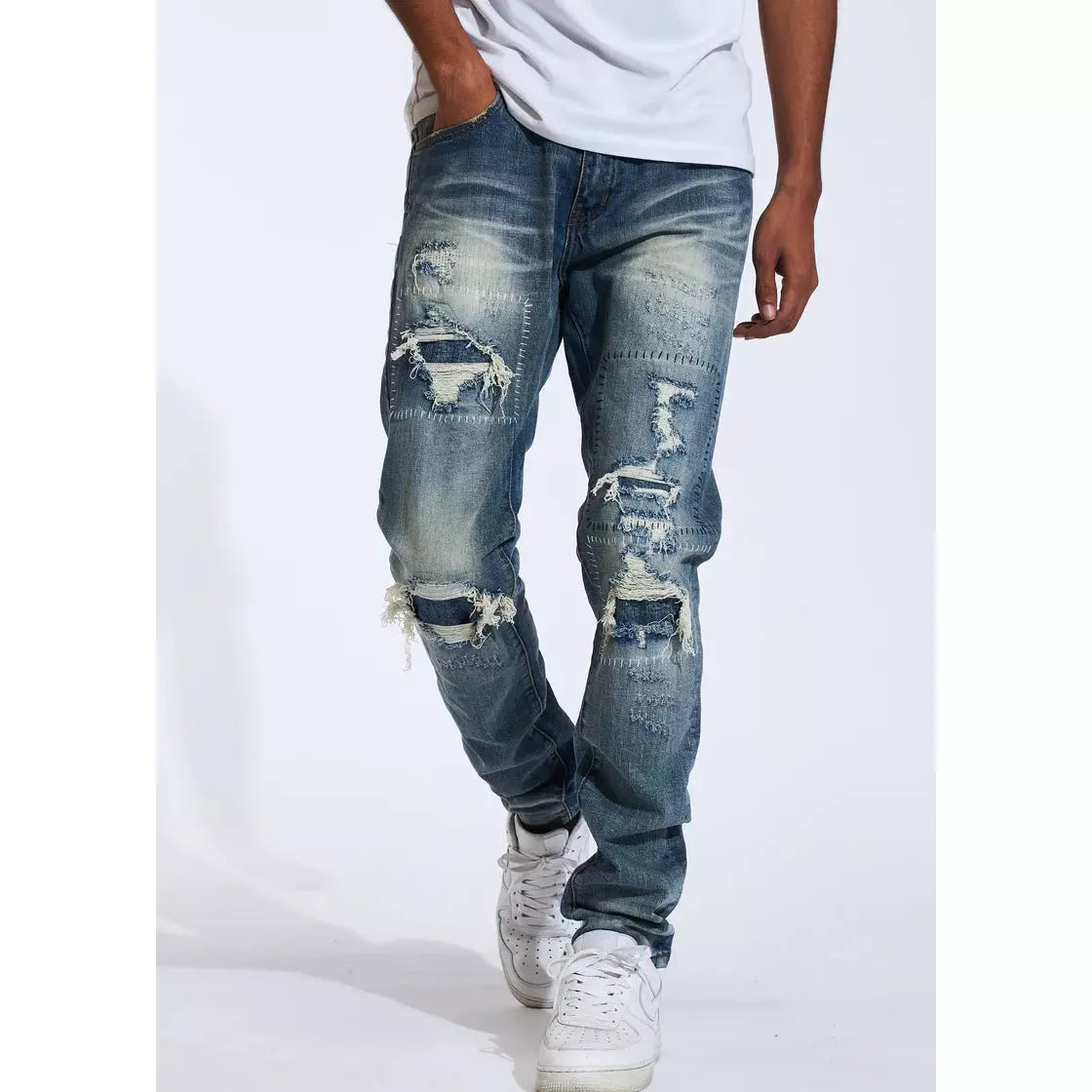 Crysp Site Dark Blue Denim Jeans with Distressed Tears for Men