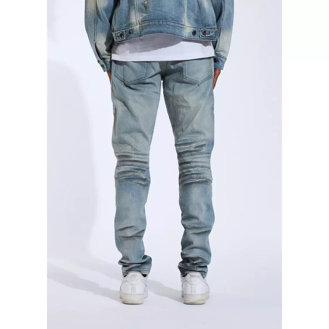 Back view of Crysp Skywalker Light Blue Biker Denim Jeans (CRYSPHOL21-1) showcasing back pockets and stitching