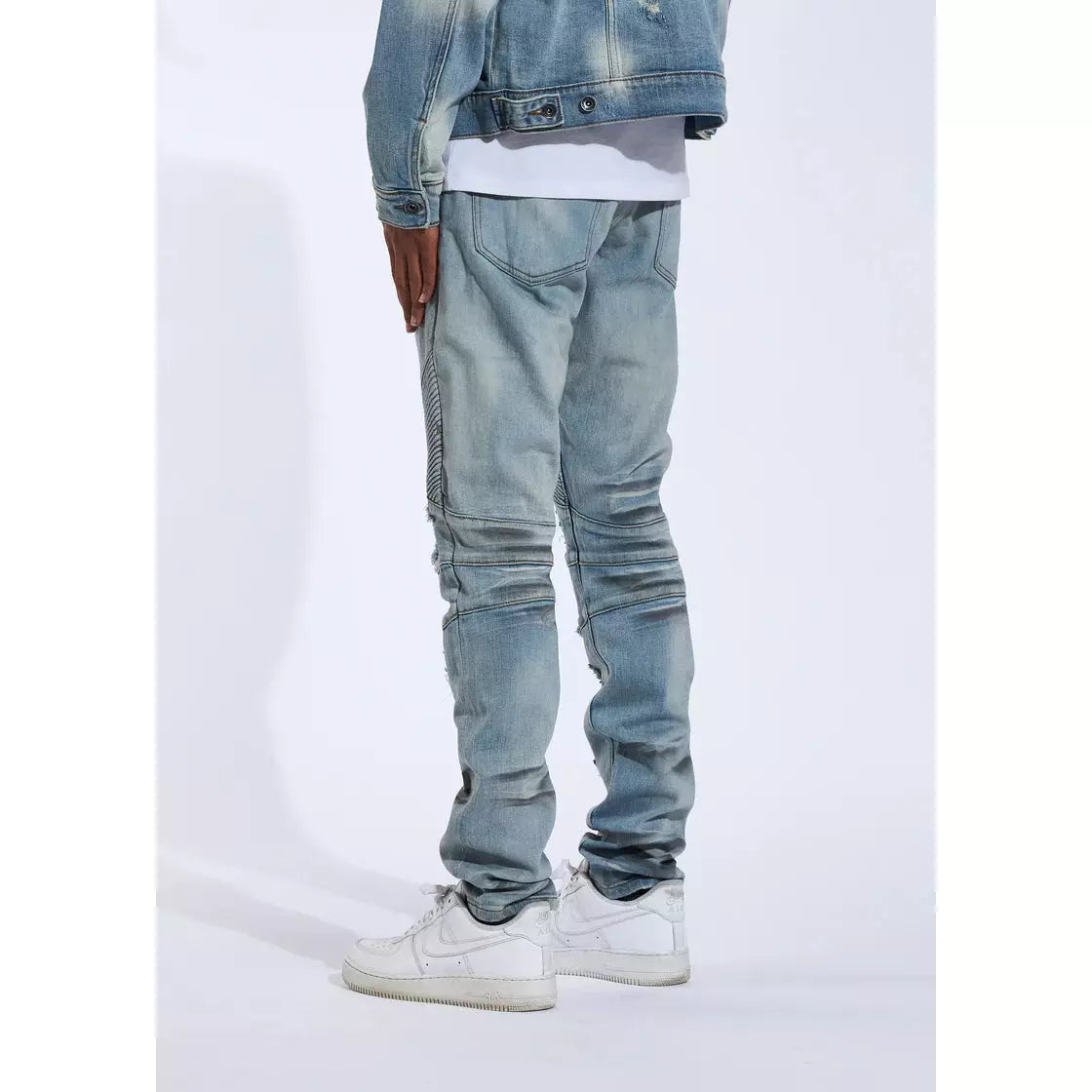 Crysp Skywalker Light Blue Biker Denim Jeans (CRYSPHOL21-1) folded to display the distressed and faded wash