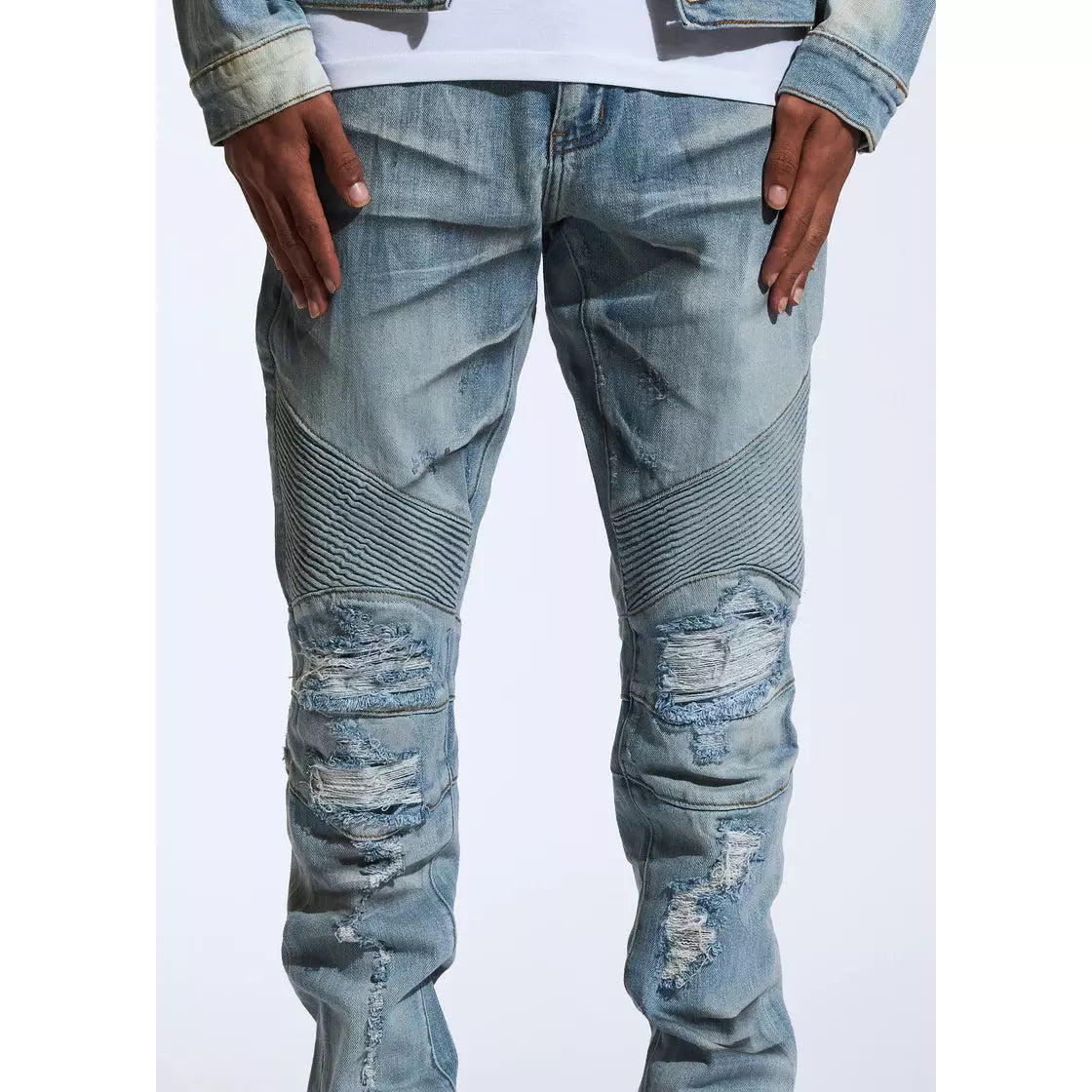 Crysp Skywalker Light Blue Biker Denim Jeans with distressed detailing and ribbed panels