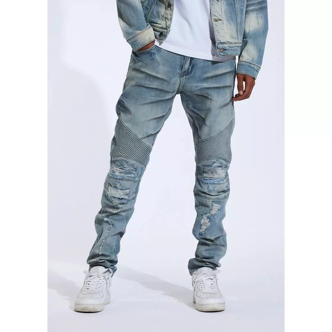 High-quality Crysp Skywalker Light Blue Biker Denim Jeans featuring distressed accents and biker-style design