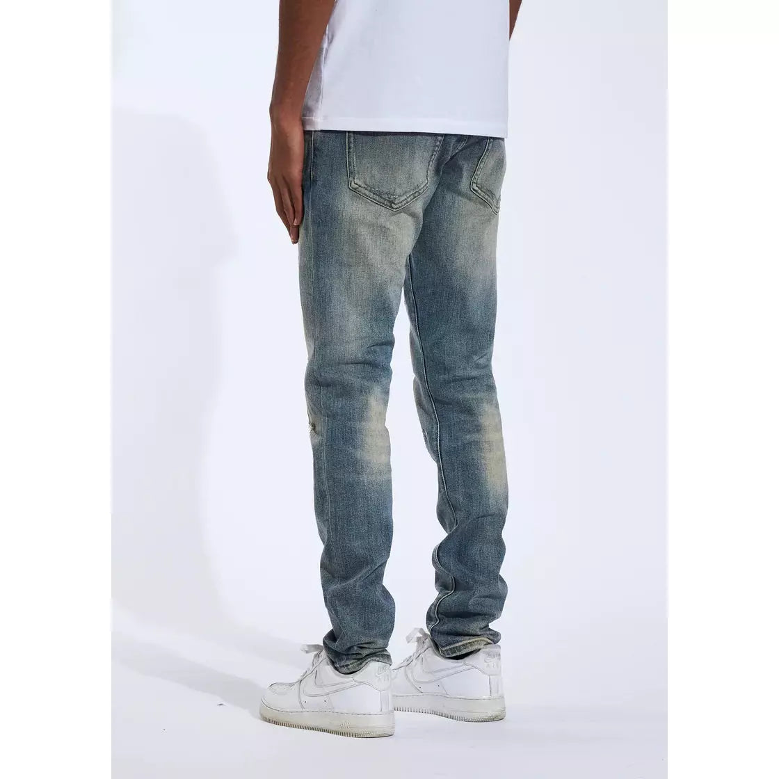 Crysp Atlantic Blue Denim Jeans w/Tears (CRYSPHOL21-22) displayed with a focus on the distressed and ripped areas