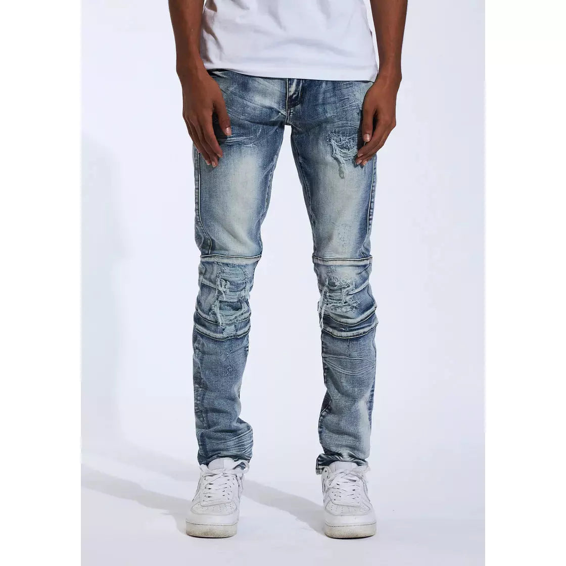 Close-up image of Crysp Kurt Blue Biker Denim Jeans with distressing and tears (style CRYSPHOL21-8) for a trendy and edgy look