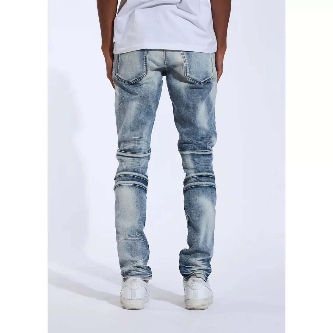 Detail of the tears and biker style on the back of Crysp Kurt Blue Biker Denim Jeans