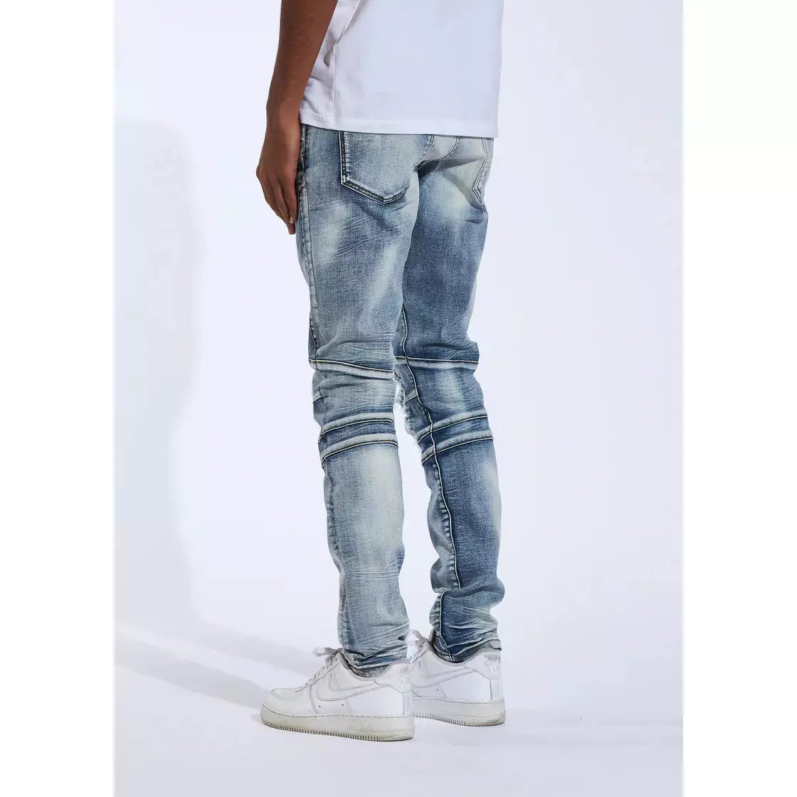 Detailed view of the tears and biker details on Crysp Kurt Blue Biker Denim Jeans