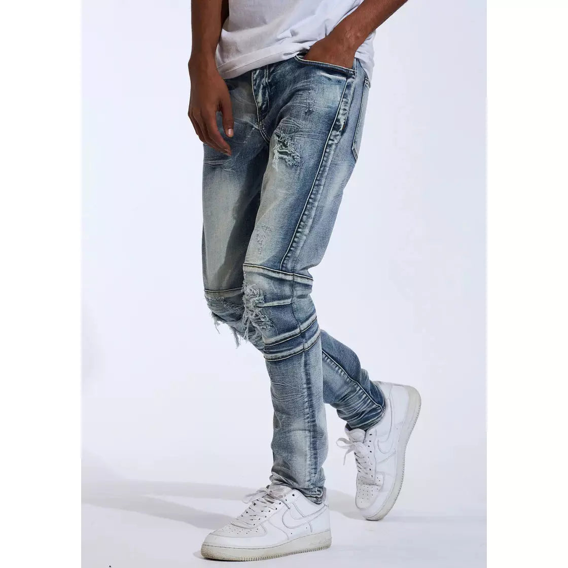 Crysp Kurt Blue Biker Denim Jeans w/Tears (CRYSPHOL21-8) back view showing the biker style and distressed details