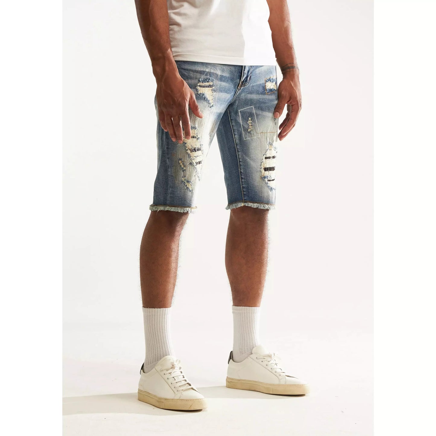 Embellish Blue Rinse Tango Shorts (EMBSP222-131) styled with a white t-shirt and sneakers