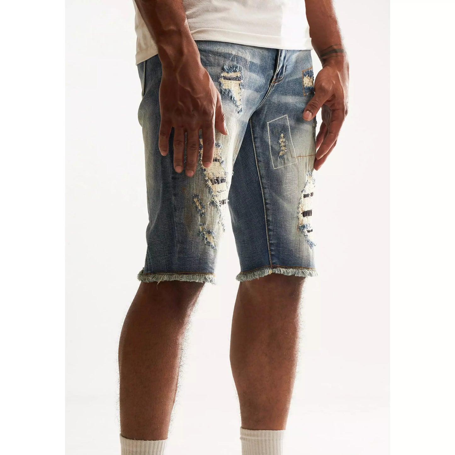 Stylish back view of Embellish Blue Rinse Tango Shorts (EMBSP222-131) with embroidered logo