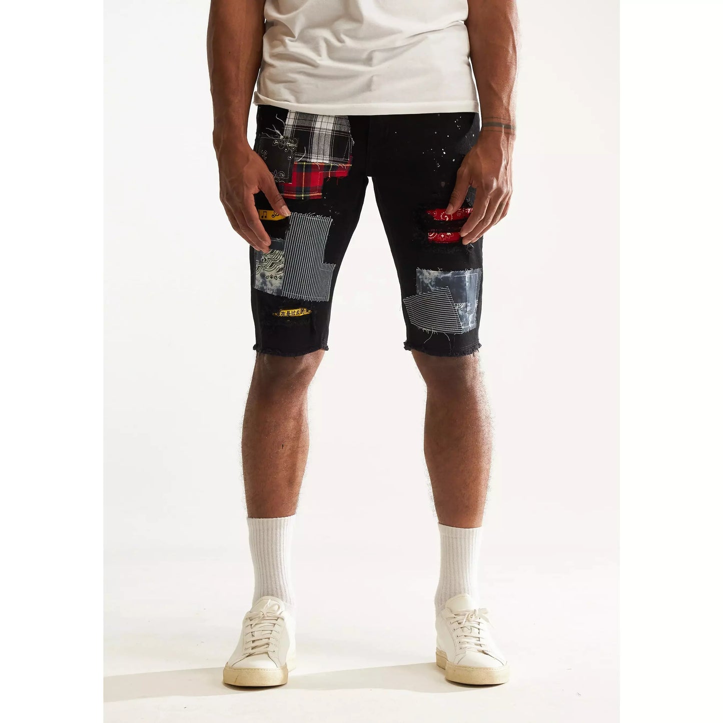 Close-up of Embellish Black Patch Rebel Shorts (EMBSP222-136) logo and patch