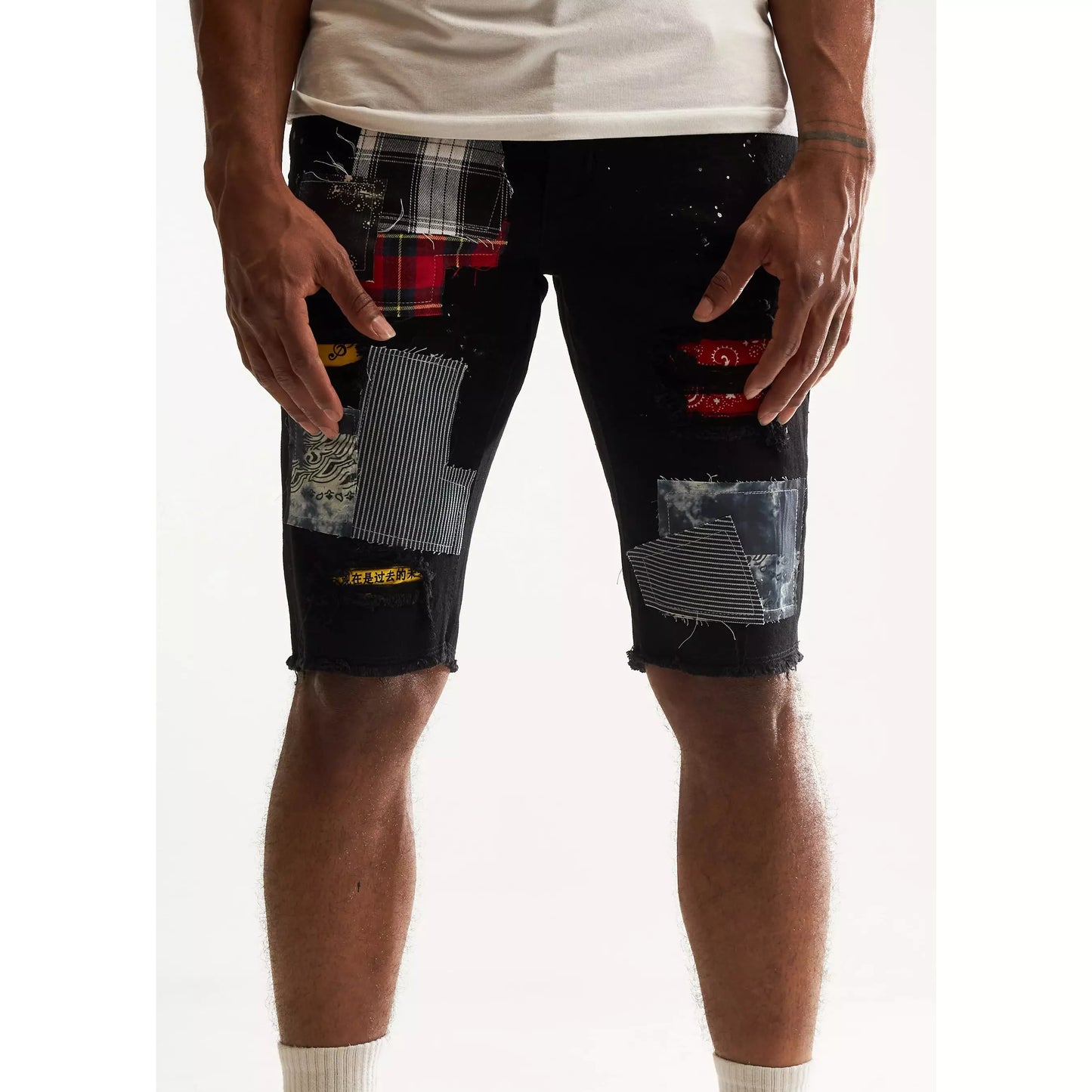 Fashionable Embellish Black Patch Rebel Shorts (EMBSP222-136) for a rebellious look