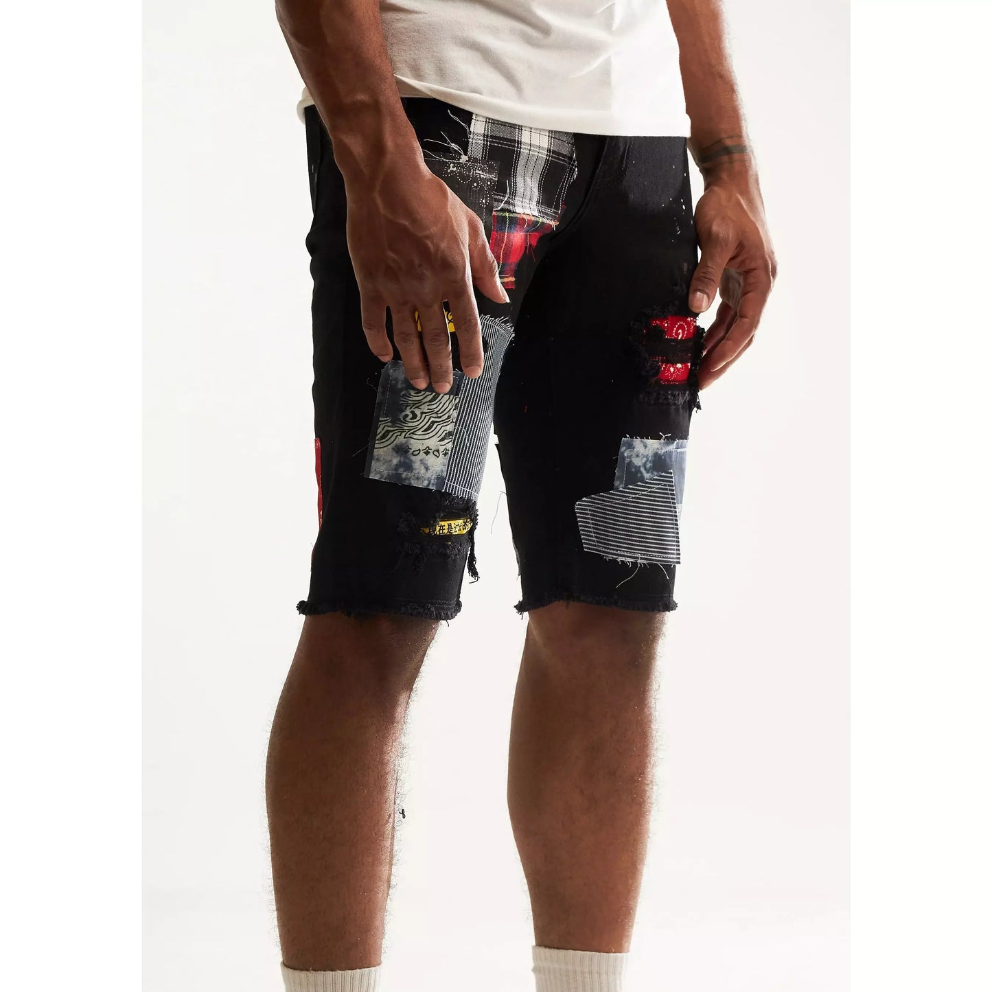 Trendy and versatile EMBSP222-136 Embellish Black Patch Rebel Shorts for a fashionable look