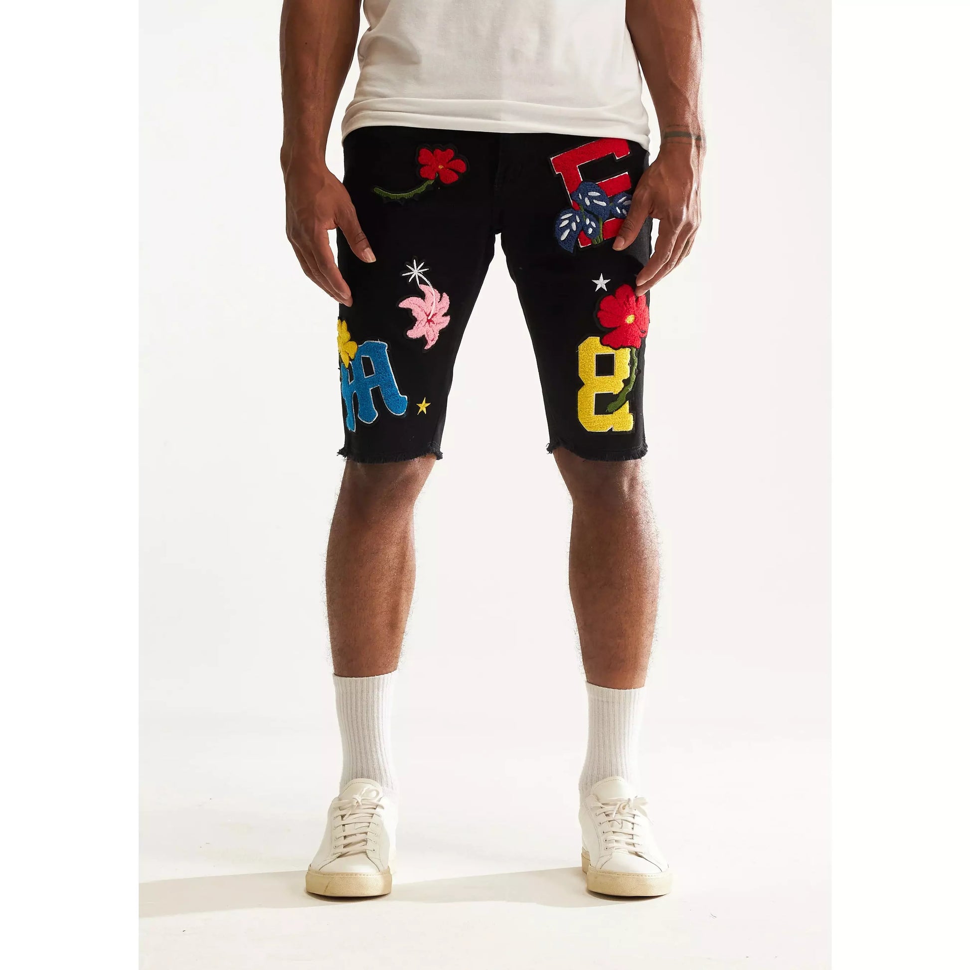 Embellish Black Nille Patch Shorts with Distressed Details and Frayed Hem
