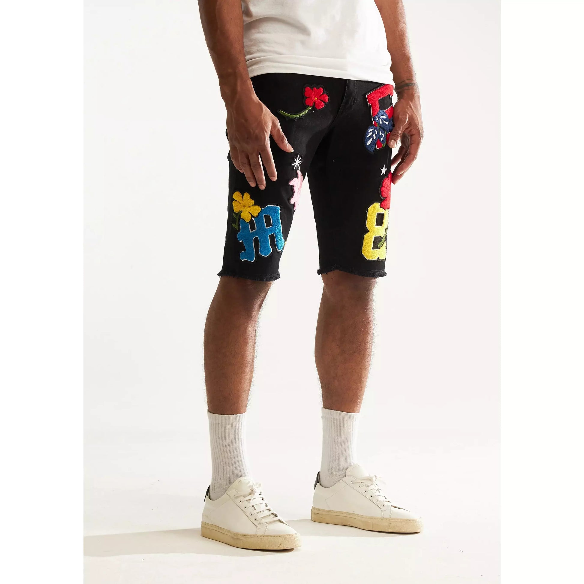 Trendy Black Denim Shorts with Unique Nille Patch and Embellishments