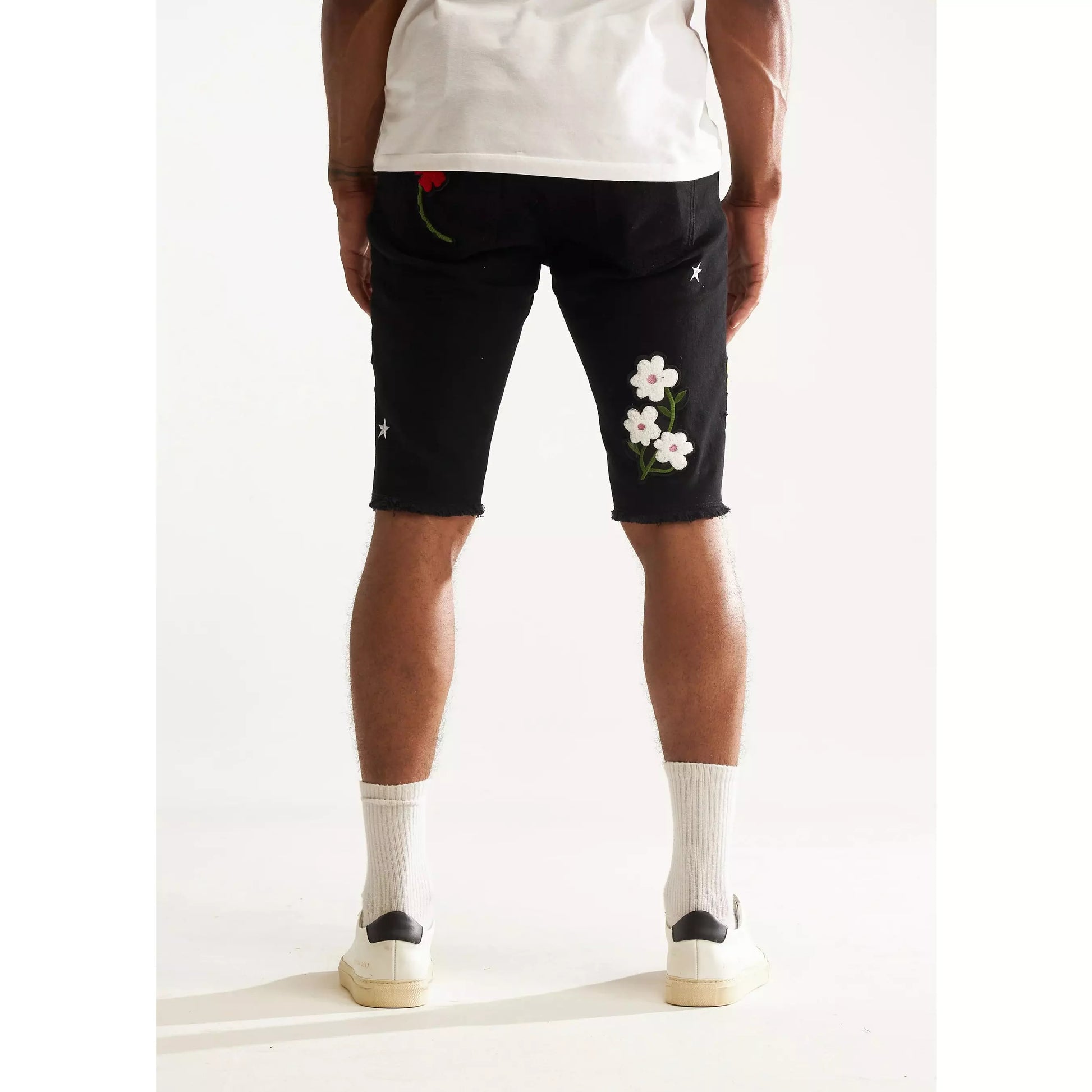 Embellish Black Nille Patch Shorts (EMBSP222-137) with intricate embroidered details